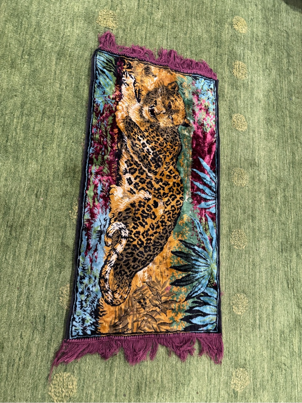 VTG Mid Century Velvet Animal Tapestry Fringe Made in Italy Jungle Leopard Club